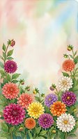 Colorful dahlia flowers frame with watercolor background for greeting cards, invitations and floral design projects with copy space for text.