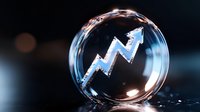 Glowing arrow chart inside soap bubble shows upward trend against dark background, representing financial growth and market prediction concepts.