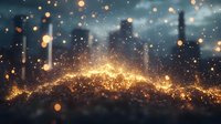Magical glowing golden particles rising with light bokeh effect against dark background, creating ethereal atmospheric scene with sparkling dust and illumination.