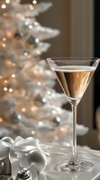 Elegant martini glass filled with champagne against white Christmas tree background with soft bokeh lights and silver ornaments. Holiday celebration mood.