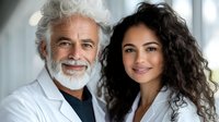 Senior male doctor with white beard and young female medical professional smiling at camera in hospital hallway, representing healthcare teamwork and mentorship.