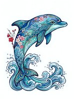 Ornamental dolphin with decorative floral patterns and swirling waves, isolated on white background. Suitable for apparel, clipart, and design projects.