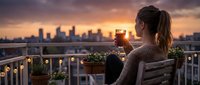 Woman with blonde hair wearing sweater sits on rooftop balcony at sunset, holding coffee cup, overlooking illuminated city skyline for lifestyle and urban living concepts.