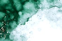 Emerald green watercolor wash with gold sparkle effect on white background, flowing abstract design with organic shapes and dreamy bokeh texture.