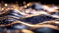 Glowing golden waves with sparkling particles flow on dark background creating magical abstract light effect. Luxury design element for festive decor.