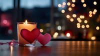 Romantic glowing candle in glass holder with red paper hearts against blurred bokeh lights background, creating cozy Valentine's Day atmosphere.