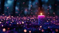 Glowing purple candle with magical bokeh lights floating in dark mystical atmosphere, creating dreamy romantic ambiance for spiritual meditation.