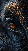 Close-up of dark textured dragon eye with glowing amber iris and golden particle effects, showcasing intricate scale details and mysterious fantasy atmosphere.