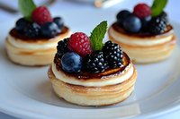 Mini cheesecake tarts topped with fresh mixed berries, chocolate sauce, and mint leaves on white plate. Elegant dessert with raspberries, blackberries, blueberries.