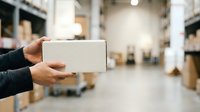 Worker in warehouse holding blank white cardboard box for shipping, logistics, delivery, and storage solutions.