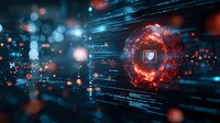 Digital security shield in glowing cyber environment with streaming data and red circular protection symbol against dark background with bokeh lights.