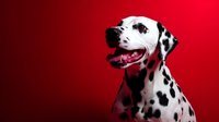 Dalmatian dog with open mouth and happy expression against vibrant red background, studio portrait of spotted canine looking up with tongue out.