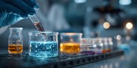 Laboratory scientist conducting chemical analysis with colorful solutions in beakers and test tubes for research and development.