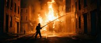 Firefighter battles massive blaze on city street with water hose as flames engulf buildings creating dramatic emergency rescue scene with intense orange glow and smoke.