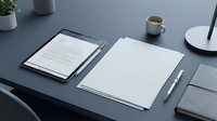 Minimalist dark desk workspace with tablet, blank paper sheets, pen, coffee cup, and notebook for business or office branding mockup.