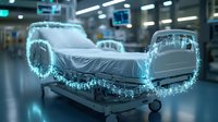 Hospital bed surrounded by glowing digital particles in modern medical facility, showcasing innovative healthcare technology and smart medical equipment integration.