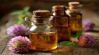 Natural herbal essential oil in glass bottles with purple clover flowers on wooden table for aromatherapy spa wellness and alternative medicine treatments.