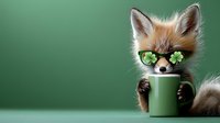 Cute red fox kit wearing green sunglasses holding coffee mug against green background, humorous wildlife character concept for social media and advertising.