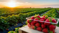 Fresh ripe strawberries in plastic container on wooden crate at organic farm field during golden hour sunset for healthy eating and agriculture.