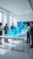 Business team analyzing holographic financial data visualization with growth charts and graphs in modern office conference room.