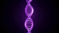 Glowing purple DNA double helix structure on dark background with sparkling particles for genetics research and biotechnology concepts.