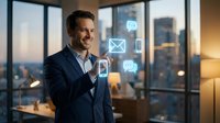 Middle-aged Caucasian male businessman in dark suit and light shirt standing by floor-to-ceiling windows in high-rise office, interacting with holographic digital icons including envelope and chat symbols, cityscape visible at sunset.