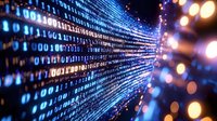 Binary code streaming through digital space with glowing blue numbers and light effects creating futuristic technology visualization against dark background.
