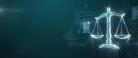 Digital justice scales hologram with glowing code background representing legal technology, law firm automation, and modern judicial system innovation.