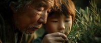 Elderly grandfather teaching young grandson about nature, examining pine needles together outdoors in warm golden light for family bonding moments.