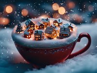 Magical winter scene with glowing miniature houses nestled in large red coffee cup surrounded by snow and festive bokeh lights creating cozy holiday atmosphere.