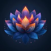 Glowing cosmic lotus flower with vibrant blue, purple, and orange petals against dark background, symbolizing spiritual awakening and meditation.