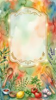 Watercolor cooking frame with fresh herbs, vegetables, and kitchen utensils surrounded by vibrant rainbow wash background. Ornate gold border with decorative flourishes isolates central space for recipe text, menu design, or culinary content.