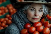 Elegant mature Caucasian woman with silver hair and hat holding fresh red tomatoes at farmers market. Natural lighting highlights her confident smile and seasonal produce.