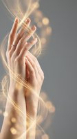 Elegant female hands with a delicate ring surrounded by golden glowing light waves and bokeh, symbolizing beauty, luxury, and digital innovation.