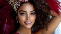 Young woman with curly hair wearing glamorous red feather headdress and elegant makeup for fashion, carnival, or performance art.
