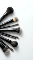 Professional makeup brushes set with black handles arranged on white background, beauty tools collection for cosmetics application.