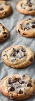 Fresh baked chocolate chip cookies with sea salt sprinkled on top, arranged on parchment paper. Golden brown edges and melted chocolate chunks create appetizing texture.