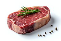 Raw marbled beef steak with fresh rosemary sprig and scattered peppercorns on white background, showcasing premium meat quality and culinary preparation.