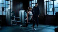 Athletic couple training together in modern gym with large windows and exercise equipment during workout session.