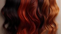 Wavy hair color transition from dark brown to vibrant red and golden blonde ombre. Closeup of long curly hairstyle showing professional coloring technique.