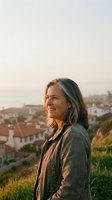 Middle-aged woman with long gray hair and Caucasian ethnicity gazing at sunset over residential town landscape wearing casual jacket for travel and lifestyle content.