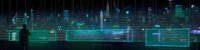 Silhouette of person viewing holographic digital cityscape with glowing neon buildings and data streams, representing future technology, smart cities, and virtual reality interfaces for business presentations.