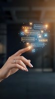 Woman's hand touching glowing digital feedback icons including five-star ratings, hearts, and positive review messages for customer satisfaction and service quality evaluation.