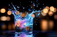 Colorful cocktail splash in glass with dynamic water droplets against blurred bokeh lights background. Refreshing drink photography for bar and restaurant marketing.
