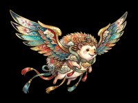 Cute winged hedgehog with ornate, colorful feathered wings isolated on transparent background. Ready for t-shirt design, stickers, clipart, sublimation, and print-on-demand products.