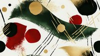 Abstract festive composition with red, green, and gold paint strokes, metallic circles, and geometric lines on white background. Suitable for holiday designs, greeting cards, and seasonal marketing materials.