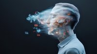 Surreal portrait of man with disintegrating head effect, digital glitch distortion and particle dispersion against dark background creating ethereal atmosphere.