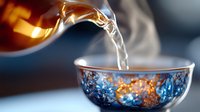 Pouring hot tea into traditional oriental porcelain cup with blue and gold pattern, steam rising against dark background, close up view of liquid stream.