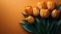 Fresh orange tulips with green leaves against warm brown background, dramatic lighting creates moody floral composition for greeting cards and spring designs.