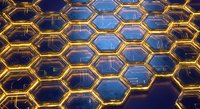 Futuristic hexagonal honeycomb pattern with golden glowing edges on blue gradient background for technology and science concepts.